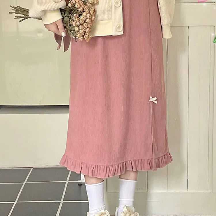 Autumn Japanese Kawaii 3 Piece Set Women Bow Sweet Elegant Party Midi Skirt Suit Female Korean Fashion Pink Plaid Cute Sets 2024