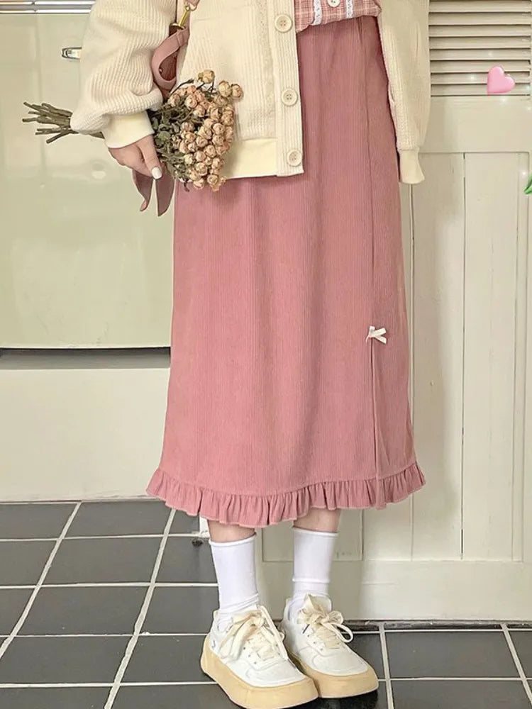 Autumn Japanese Kawaii 3 Piece Set Women Bow Sweet Elegant Party Midi Skirt Suit Female Korean Fashion Pink Plaid Cute Sets 2024