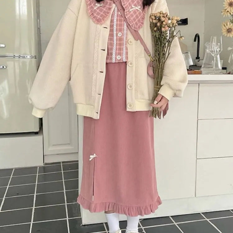 Autumn Japanese Kawaii 3 Piece Set Women Bow Sweet Elegant Party Midi Skirt Suit Female Korean Fashion Pink Plaid Cute Sets 2024 Set