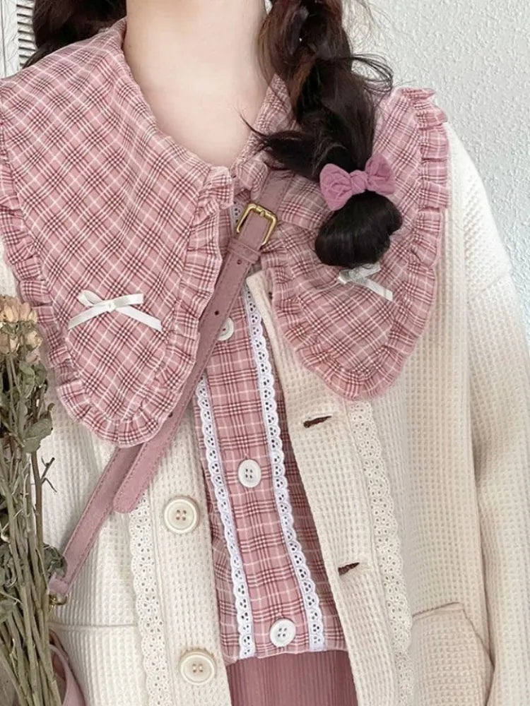 Autumn Japanese Kawaii 3 Piece Set Women Bow Sweet Elegant Party Midi Skirt Suit Female Korean Fashion Pink Plaid Cute Sets 2024