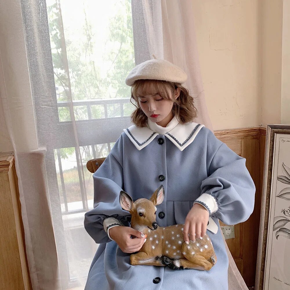 Autumn Japanese Vintage College Style Navy Collar Woolen Coat 2024 New Winter Women Mid-length Color Contrast Loose Wool Jacket