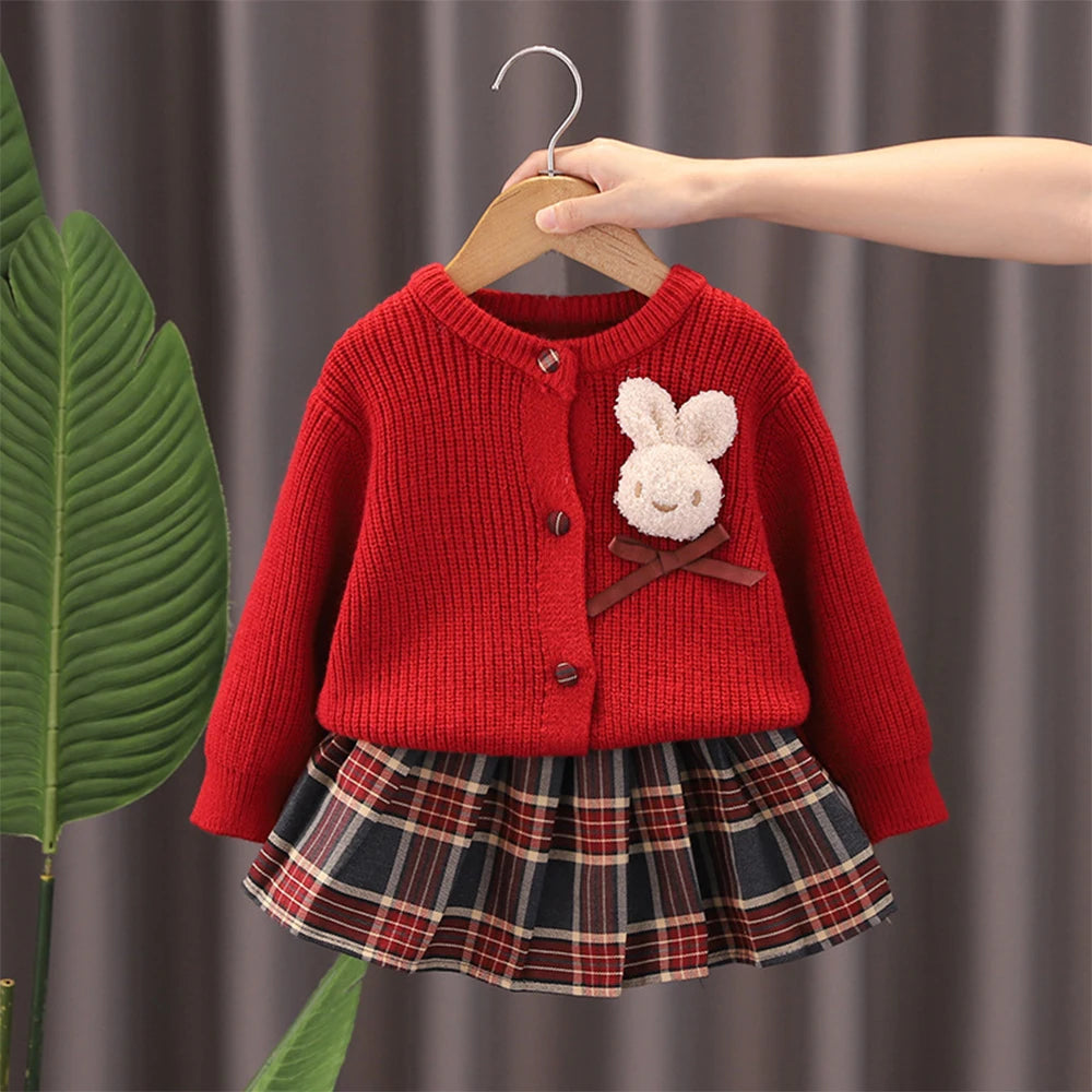 Autumn Kids Christmas Clothes JK Skirt Short 2 Pcs Red Sweater Clothes Girls Knit 2-7Y Christmas Children Dress Cute Bunny Red 1