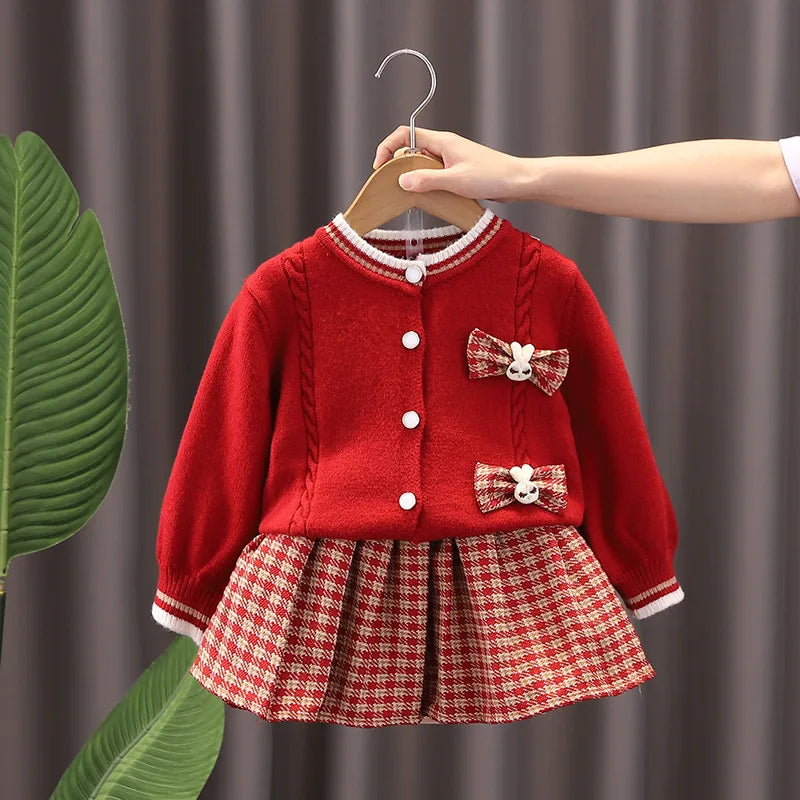 Autumn Kids Christmas Clothes JK Skirt Short 2 Pcs Red Sweater Clothes Girls Knit 2-7Y Christmas Children Dress Cute Bunny Red 2