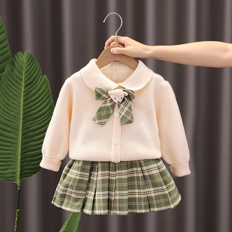 Autumn Kids Christmas Clothes JK Skirt Short 2 Pcs Red Sweater Clothes Girls Knit 2-7Y Christmas Children Dress Cute Bunny Beige