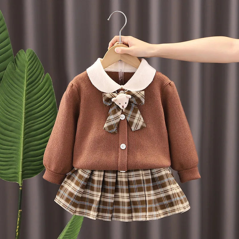 Autumn Kids Christmas Clothes JK Skirt Short 2 Pcs Red Sweater Clothes Girls Knit 2-7Y Christmas Children Dress Cute Bunny Brown