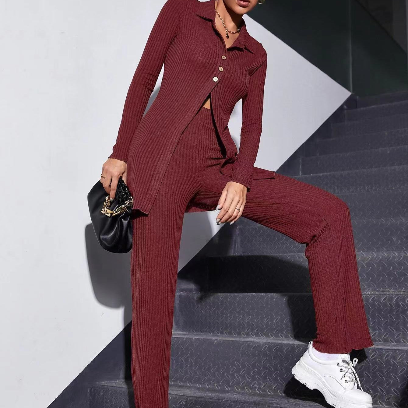 Autumn Knitted Sweater 2 Pcs/Set Women Elegant Stretch Pants Suit Female Ribbed Single-breasted Shirt Top Cardigan Jacket crimson TZ153