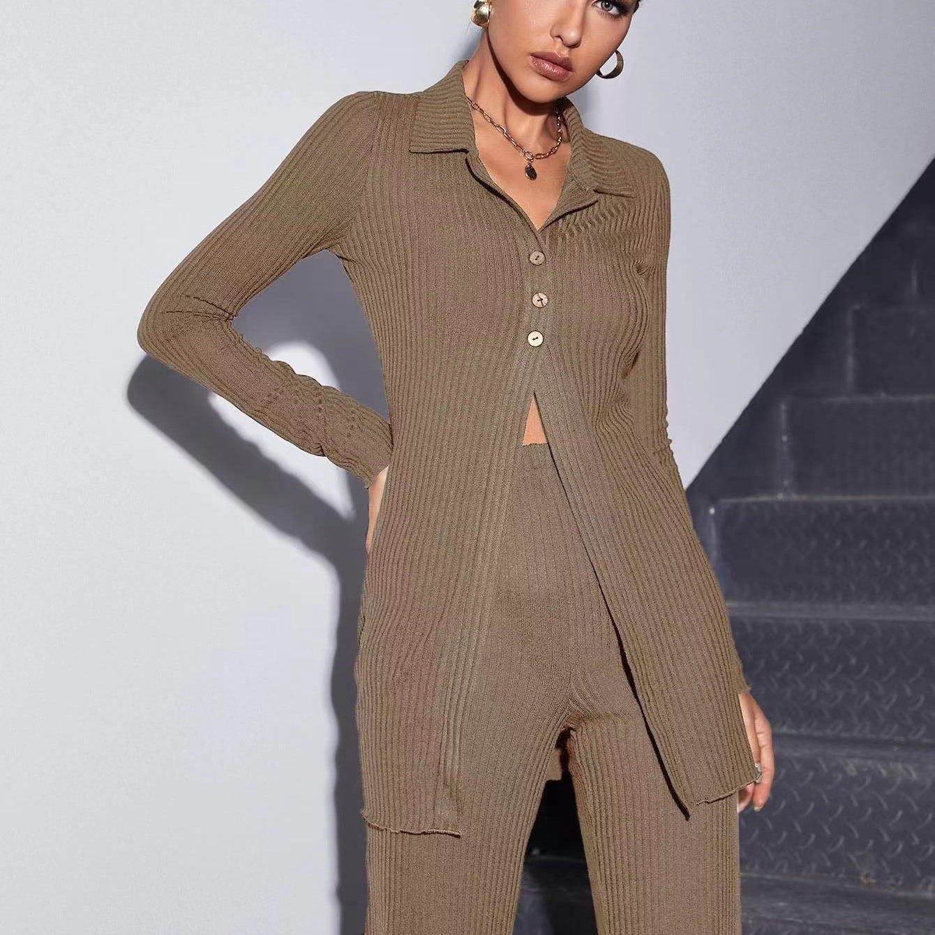 Autumn Knitted Sweater 2 Pcs/Set Women Elegant Stretch Pants Suit Female Ribbed Single-breasted Shirt Top Cardigan Jacket