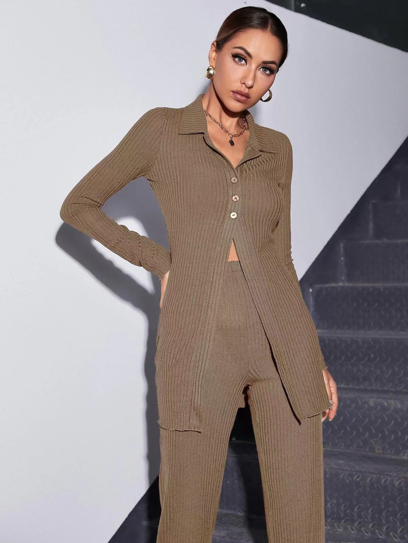 Autumn Knitted Sweater 2 Pcs/Set Women Elegant Stretch Pants Suit Female Ribbed Single-breasted Shirt Top Cardigan Jacket