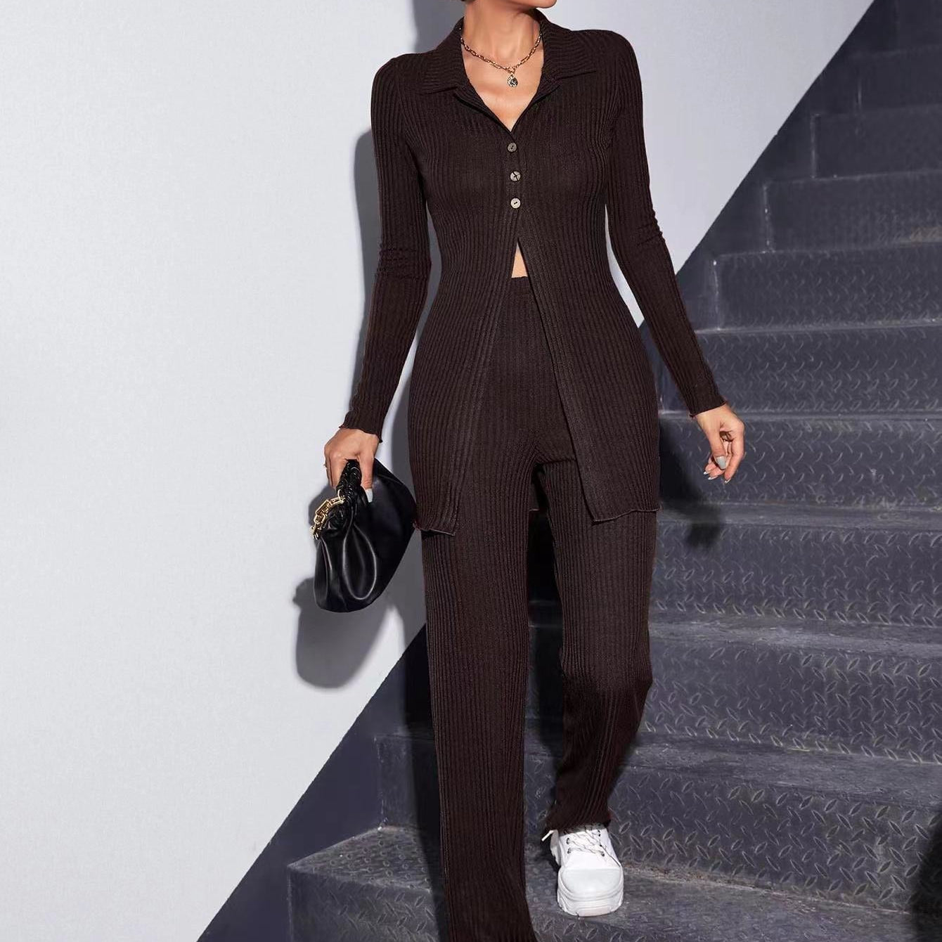 Autumn Knitted Sweater 2 Pcs/Set Women Elegant Stretch Pants Suit Female Ribbed Single-breasted Shirt Top Cardigan Jacket