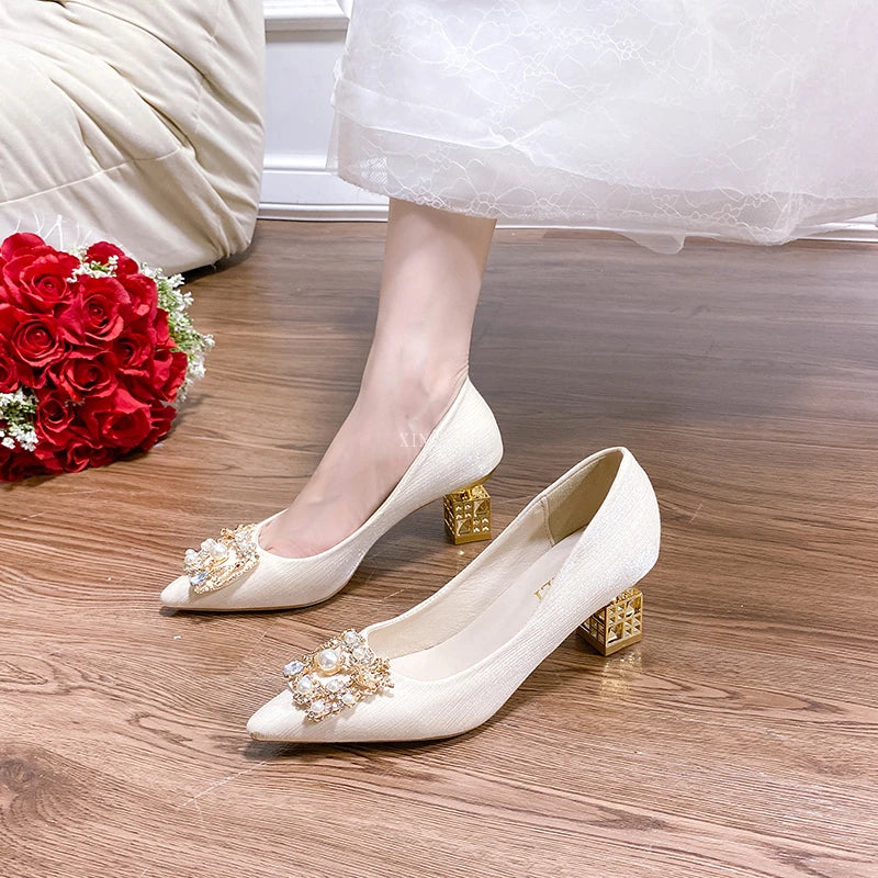 Autumn Ladies High Heels Pointed Toe Shaped Heel High 5cm and 7cm Wedding Shoes Square Buckle Travel Banquet Shoe High Heels