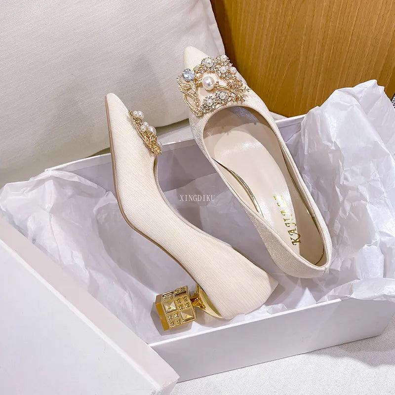 Autumn Ladies High Heels Pointed Toe Shaped Heel High 5cm and 7cm Wedding Shoes Square Buckle Travel Banquet Shoe High Heels
