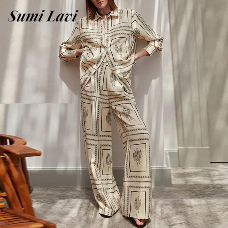 Autumn Long Sleeve Shirt and Pants Set Fashion Ladies Pattern Printed Shirt Set Casual Women Comfortable Homewear Two Piece Set AMAIO