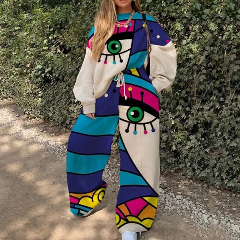 Autumn Loose Fleece Sweatshirt Outfits Women O-neck Top Pullover & Drawstring Pants Sport Tracksuit Winter Long Sleeve Suit Sets 05 Print