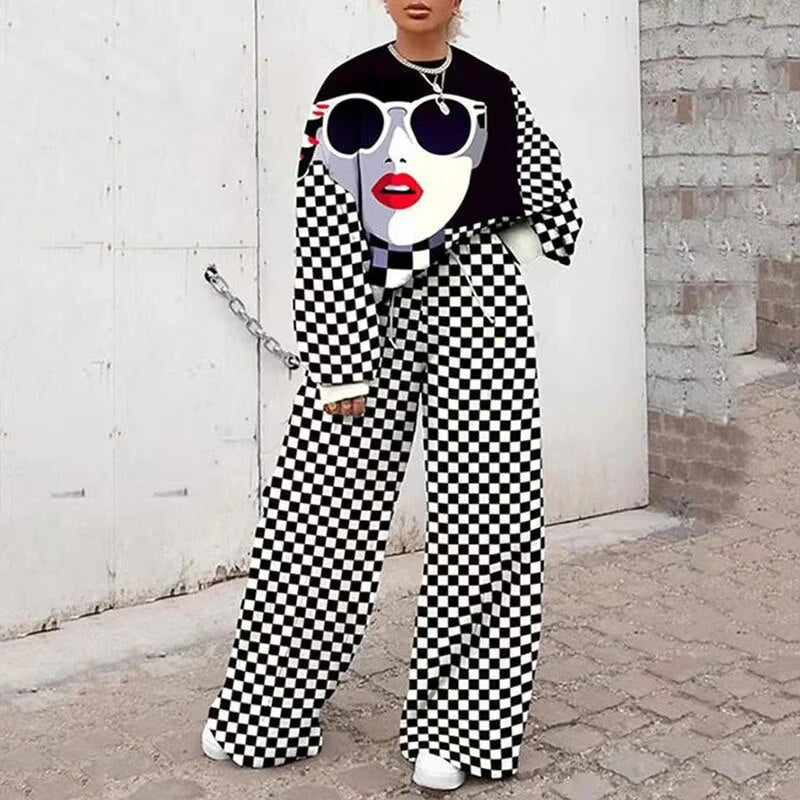 Autumn Loose Fleece Sweatshirt Outfits Women O-neck Top Pullover & Drawstring Pants Sport Tracksuit Winter Long Sleeve Suit Sets 04 Print