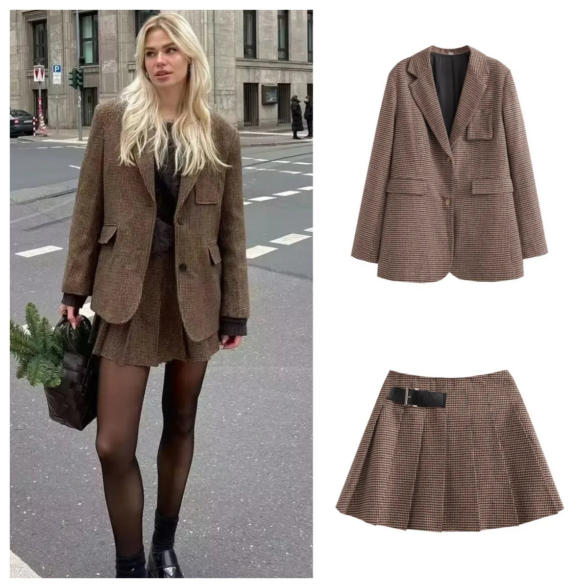 Autumn Loose and Slim Suit Coat Leather Buckle Decoration Wide Pleated Skirt Pants Two Piece Set
