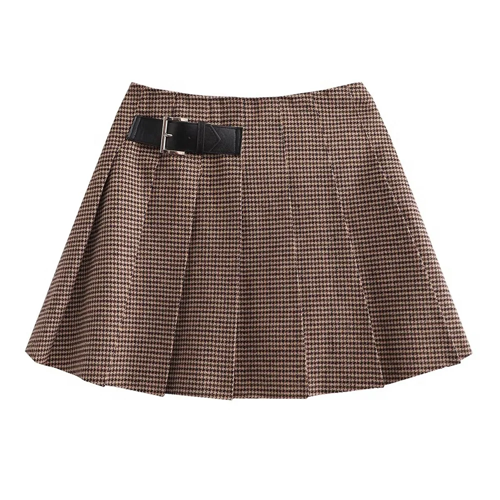 Autumn Loose and Slim Suit Coat Leather Buckle Decoration Wide Pleated Skirt Pants Two Piece Set Short skirt