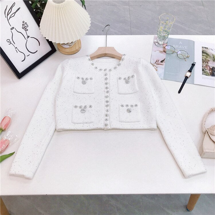 Autumn New In Embellished Cropped Knit Pink Cardigan with Sequin Pleated A-Line High Waist Mini Skirt Set Short Jacket White Top