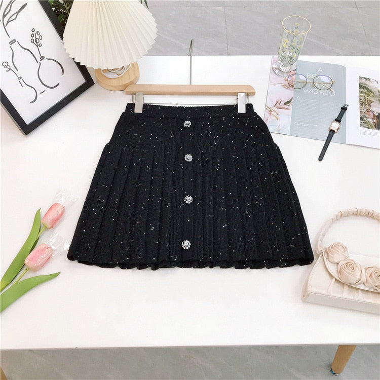 Autumn New In Embellished Cropped Knit Pink Cardigan with Sequin Pleated A-Line High Waist Mini Skirt Set Short Jacket Black Skirt
