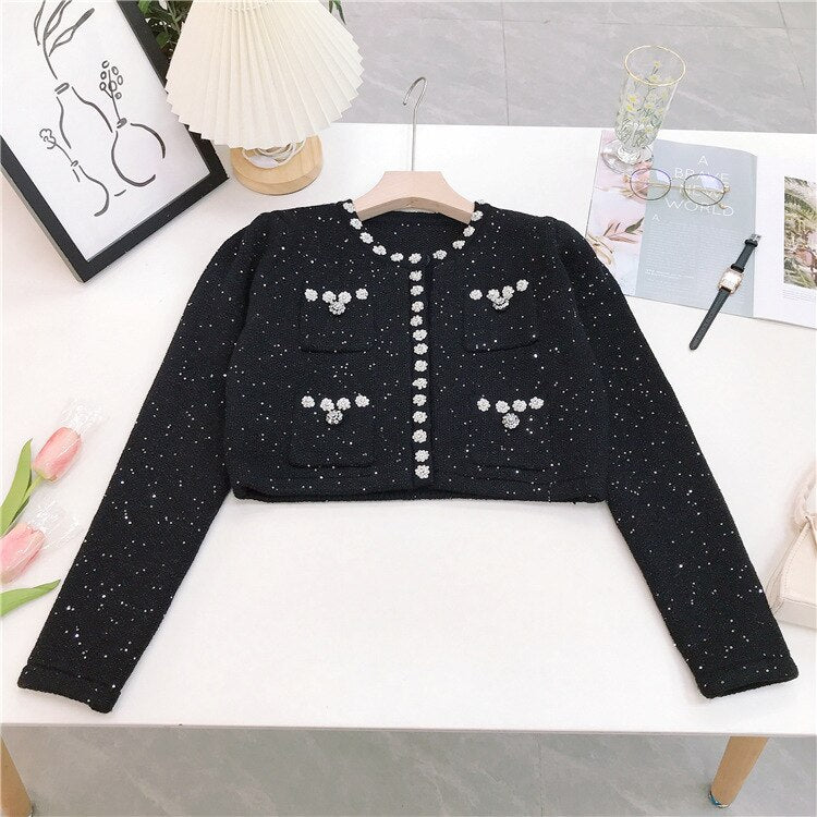 Autumn New In Embellished Cropped Knit Pink Cardigan with Sequin Pleated A-Line High Waist Mini Skirt Set Short Jacket Black Top