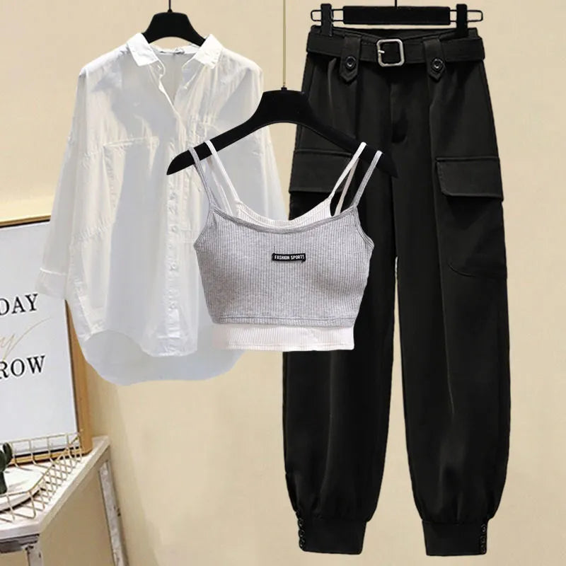 Autumn New Loose Casual Shirt Personalized Bra Work Clothes Wide Leg Trousers Three Piece Elegant Women's Pants Set threen piece set 2