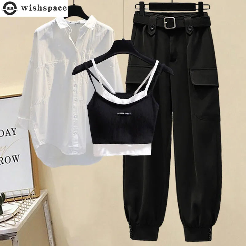 Autumn New Loose Casual Shirt Personalized Bra Work Clothes Wide Leg Trousers Three Piece Elegant Women's Pants Set