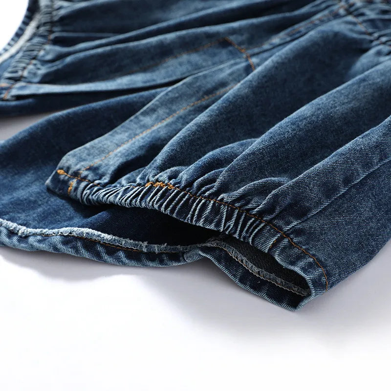 Autumn New Women Vintage Hooded Denim Coat Elastic Waist Lace Up Batwing Sleeve Blue Jeans Jacket Korean Loose Casual Streetwear