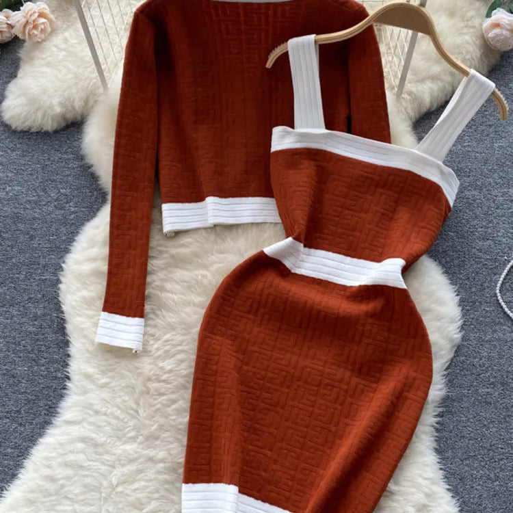 Autumn New Women's Dresses Knitwear Suits Small Fragrance Knitted Cardigan Coat + Suspender Knit Dress Streetwear Two Piece Sets