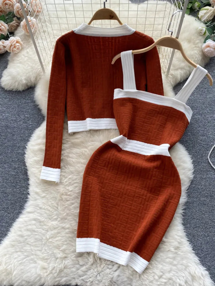 Autumn New Women's Dresses Knitwear Suits Small Fragrance Knitted Cardigan Coat + Suspender Knit Dress Streetwear Two Piece Sets