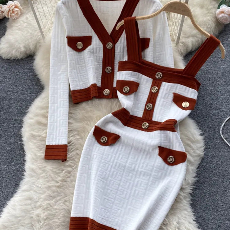 Autumn New Women's Dresses Knitwear Suits Small Fragrance Knitted Cardigan Coat + Suspender Knit Dress Streetwear Two Piece Sets White One Size