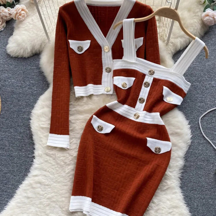 Autumn New Women's Dresses Knitwear Suits Small Fragrance Knitted Cardigan Coat + Suspender Knit Dress Streetwear Two Piece Sets Chocolate color One Size