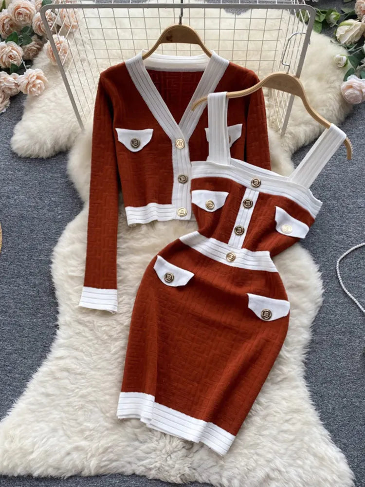 Autumn New Women's Dresses Knitwear Suits Small Fragrance Knitted Cardigan Coat + Suspender Knit Dress Streetwear Two Piece Sets Chocolate color One Size