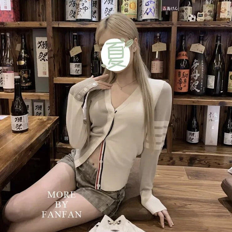 Autumn Pure Cotton Sweater Women's Stripe Embroidery Top Single Row Button Cuff High Elastic Polo Collar Pull Height Luxury 2024 Beige