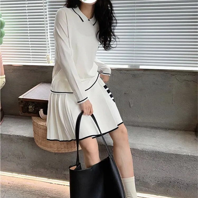 Autumn Pure Cotton Sweater Women's Stripe Embroidery Top Single Row Button Cuff High Elastic Polo Collar Pull Height Luxury 2024