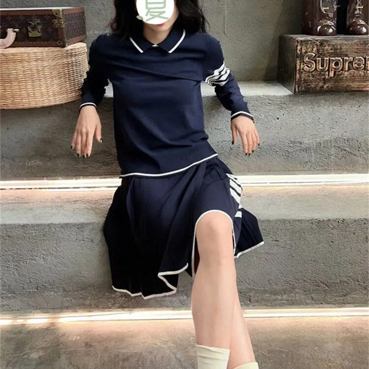 Autumn Pure Cotton Sweater Women's Stripe Embroidery Top Single Row Button Cuff High Elastic Polo Collar Pull Height Luxury 2024 Blue