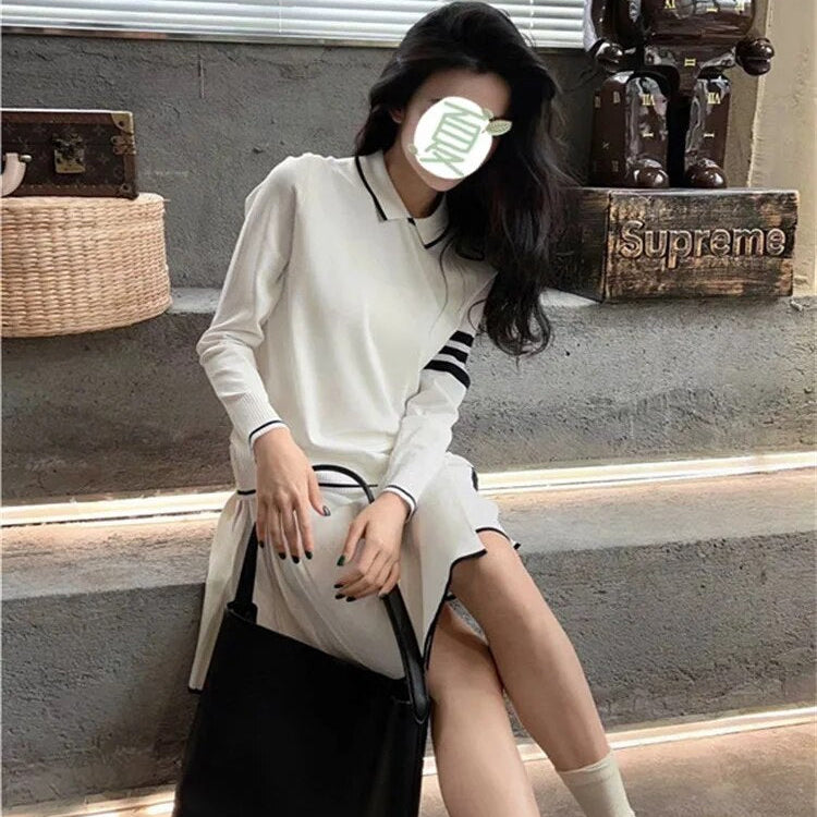 Autumn Pure Cotton Sweater Women's Stripe Embroidery Top Single Row Button Cuff High Elastic Polo Collar Pull Height Luxury 2024 Ivory