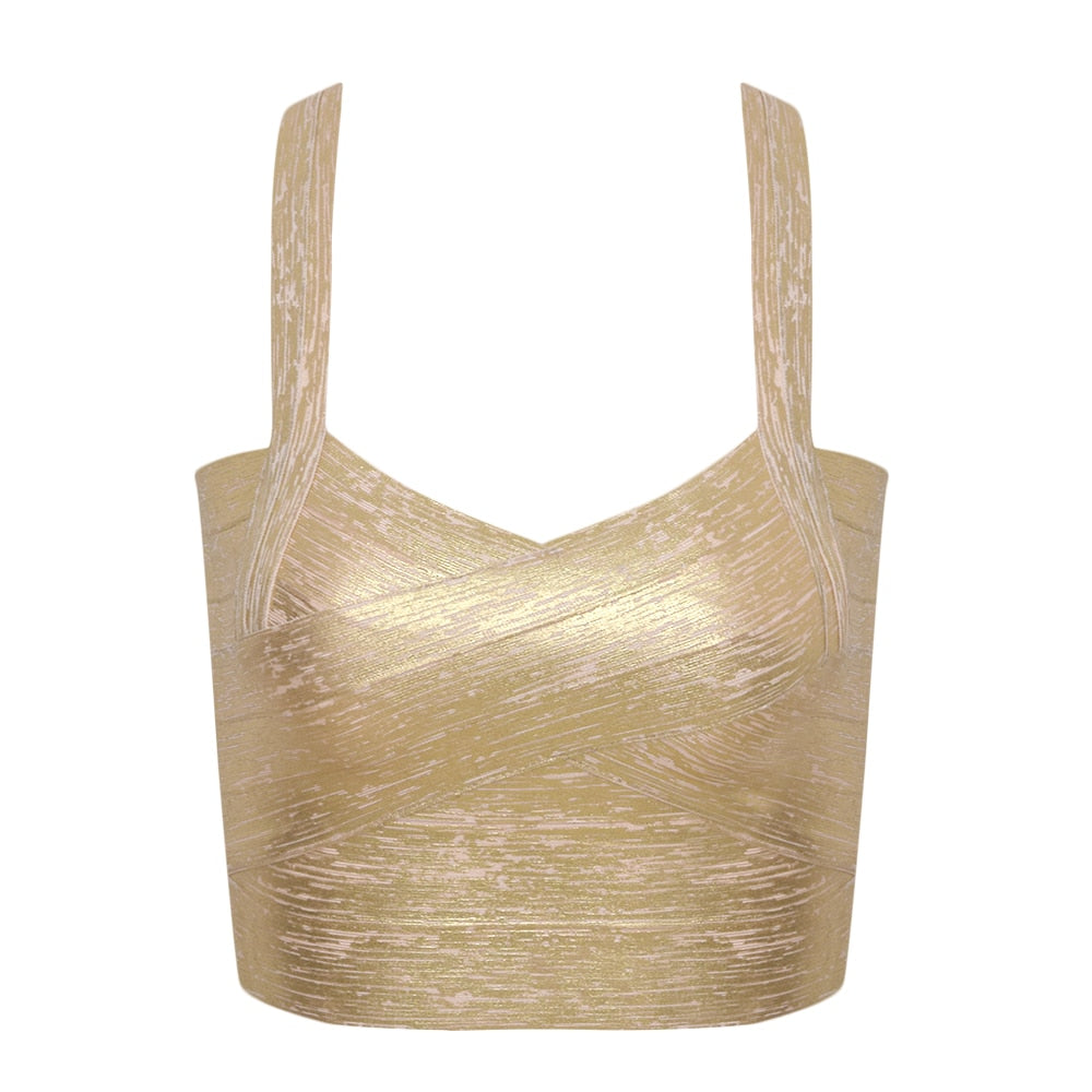 Autumn Sexy Gold Silver Women Bandage Top Spaghetti Strap Bandage V Neck Vest Tank Top Knitted Bandage Club Vest Gold