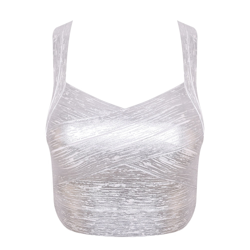 Autumn Sexy Gold Silver Women Bandage Top Spaghetti Strap Bandage V Neck Vest Tank Top Knitted Bandage Club Vest Silver