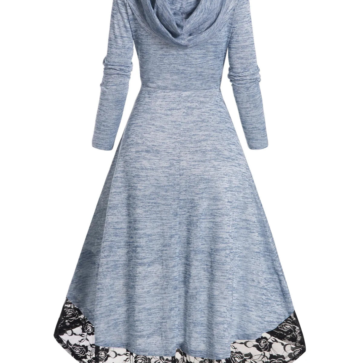 Autumn Space Dye Hooded Dress Flower Lace Panel High Waisted Long Sleeve High Low One Piece Midi Long Dresses For Women 2024