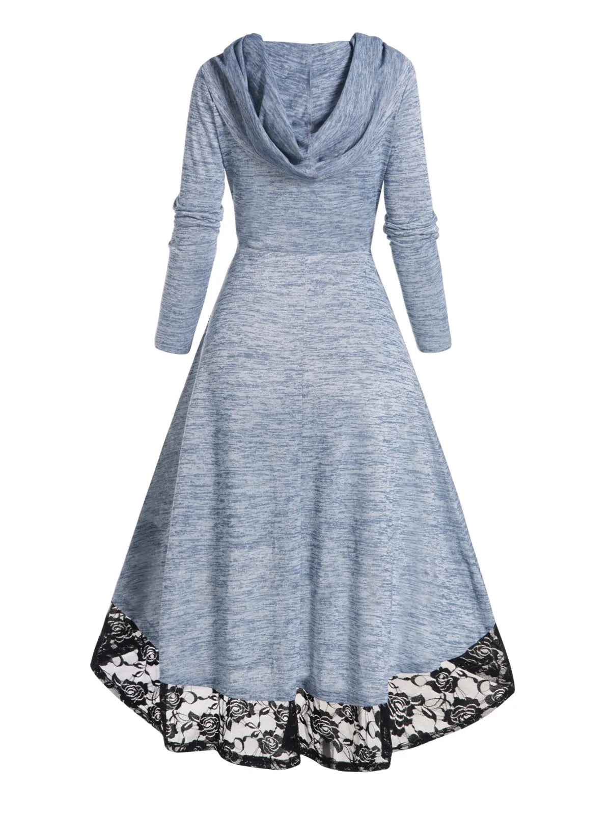 Autumn Space Dye Hooded Dress Flower Lace Panel High Waisted Long Sleeve High Low One Piece Midi Long Dresses For Women 2024