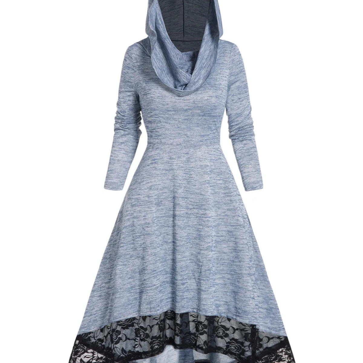 Autumn Space Dye Hooded Dress Flower Lace Panel High Waisted Long Sleeve High Low One Piece Midi Long Dresses For Women 2024