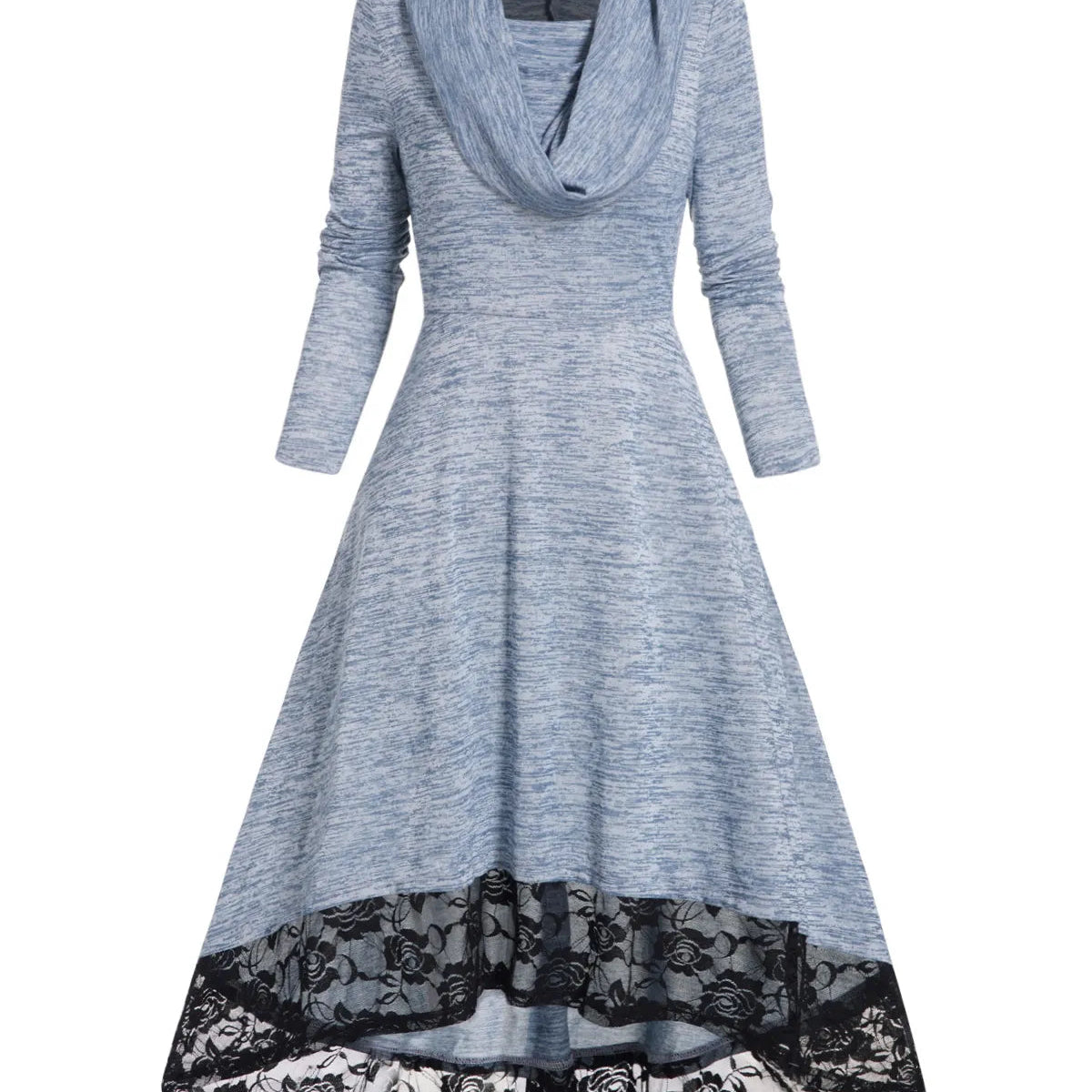 Autumn Space Dye Hooded Dress Flower Lace Panel High Waisted Long Sleeve High Low One Piece Midi Long Dresses For Women 2024