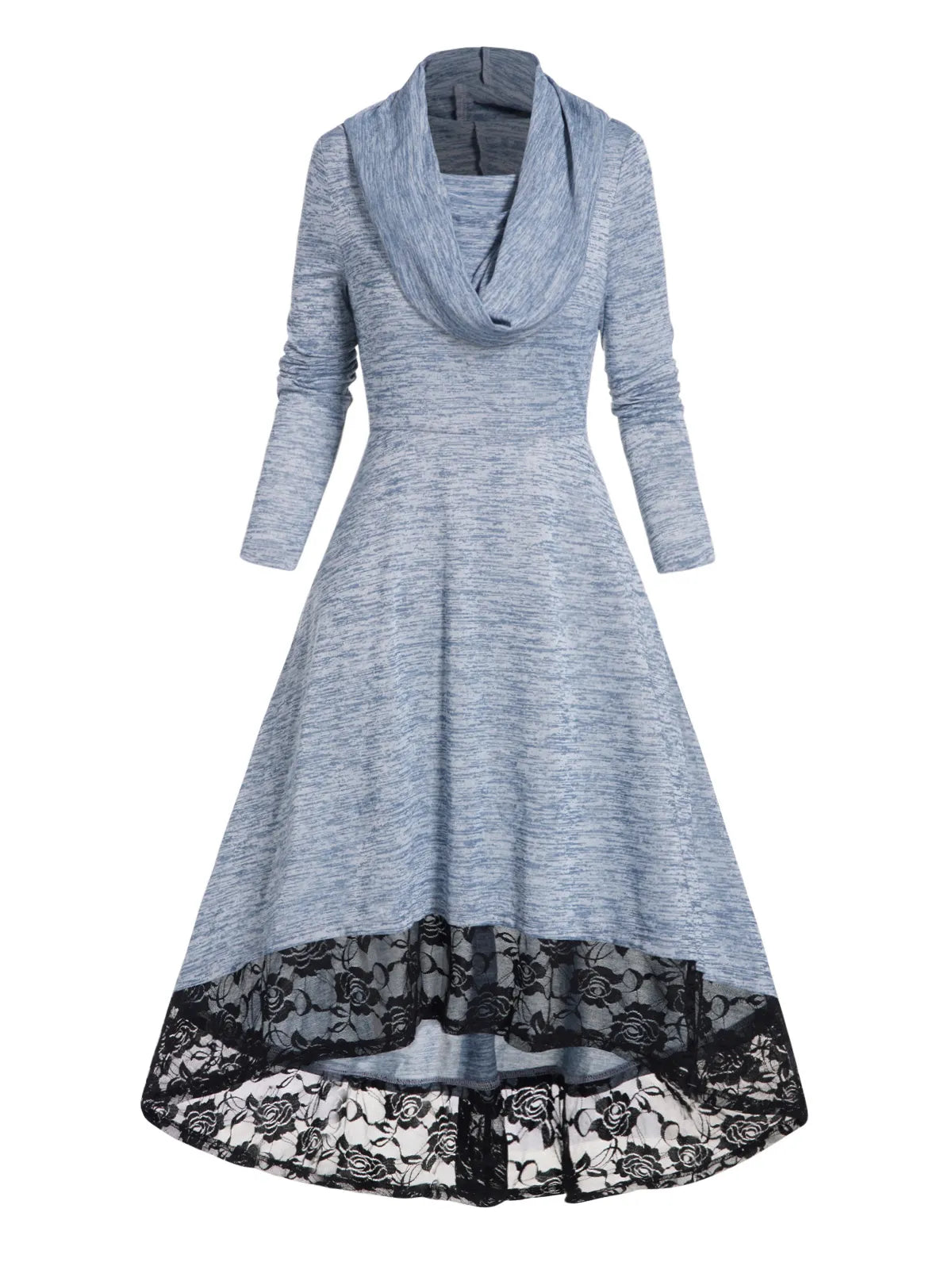 Autumn Space Dye Hooded Dress Flower Lace Panel High Waisted Long Sleeve High Low One Piece Midi Long Dresses For Women 2024