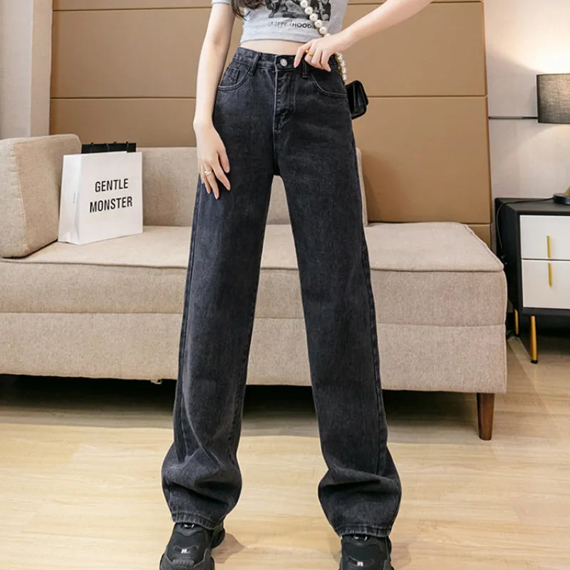Autumn Spring Jeans Women Denim Pants Vintage Straight Trousers Fashion Female White Black Solid Loose Casual Wide Leg Pants Dark Grey