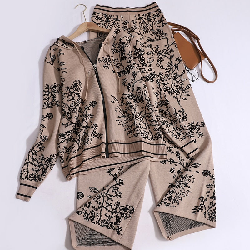 Autumn Temperament Pants Set for Women Printed Hooded Knit Cardigans + Casual High Waisted Wide Leg Pants Women Two Piece Set AMAIO