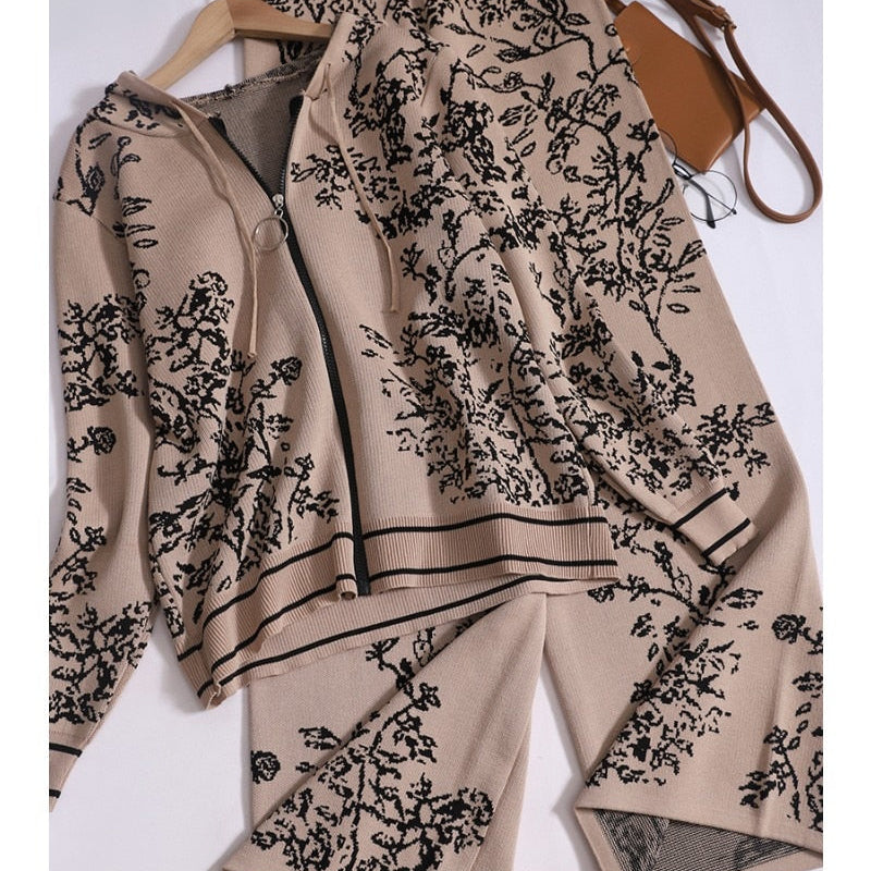 Autumn Temperament Pants Set for Women Printed Hooded Knit Cardigans + Casual High Waisted Wide Leg Pants Women Two Piece Set
