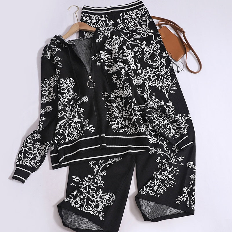 Autumn Temperament Pants Set for Women Printed Hooded Knit Cardigans + Casual High Waisted Wide Leg Pants Women Two Piece Set