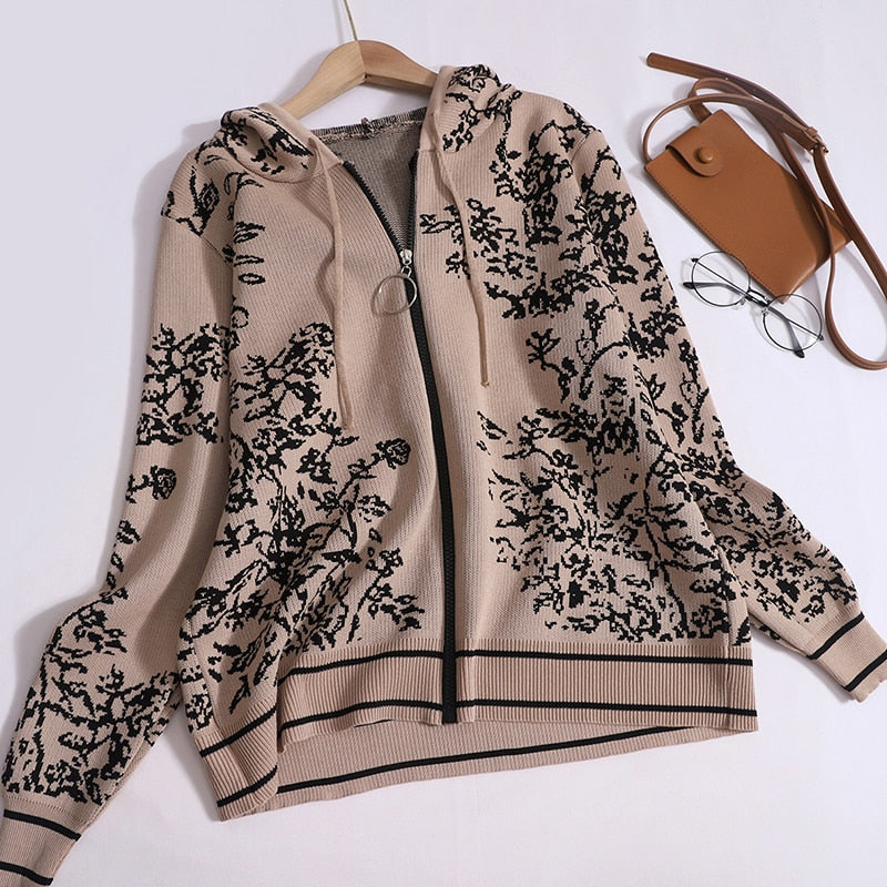 Autumn Temperament Pants Set for Women Printed Hooded Knit Cardigans + Casual High Waisted Wide Leg Pants Women Two Piece Set