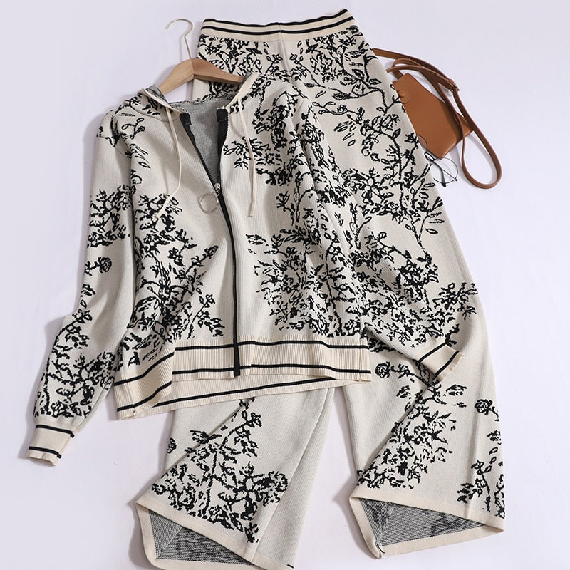 Autumn Temperament Pants Set for Women Printed Hooded Knit Cardigans + Casual High Waisted Wide Leg Pants Women Two Piece Set