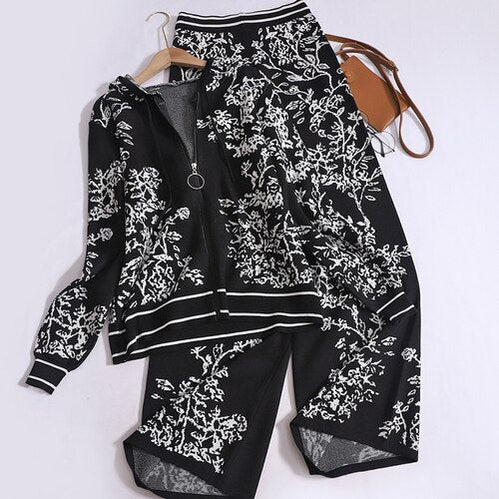 Autumn Temperament Pants Set for Women Printed Hooded Knit Cardigans + Casual High Waisted Wide Leg Pants Women Two Piece Set Black One Size
