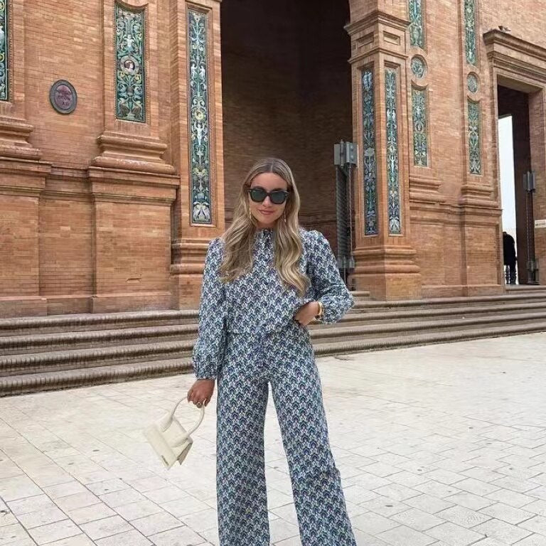 Autumn Vintage Floral Printed Long Pants Suits For Women Tied Hem Crop Top Wide Leg Loose Pants Female 2 Piece Sets Outfits